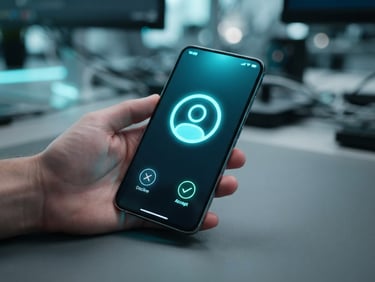 Medium close-up of a modern smartphone displaying an incoming call screen, glowing cyan ambient backlighting, sharp focus on the screen