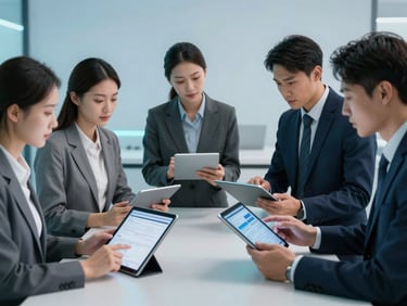 Clean environmental office shot of a professional team collaborating over digital layouts on tablet screens, soft blue backlighting