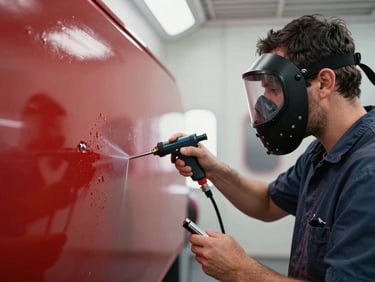 Técnico especialista con máscara protectora aplicando laca en cabina de pintura presurizada, iluminación de laboratorio, reflejos rojos en el fondo.