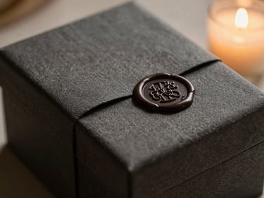Macro detail shot of a heavy charcoal linen box sealed with a dark wax stamp, soft candlelight, warm champagne tones, luxurious packaging
