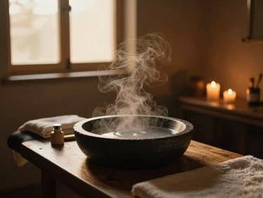 Dimly lit treatment room with steam rising softly from a dark slate basin, warm golden hour window light, 35mm