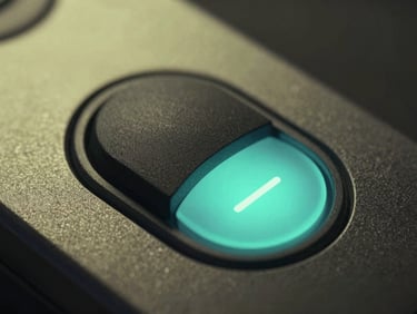 Extreme close-up macro view of a tactile Android UI toggle button shifting from off to on, glowing electric teal highlight, dark metallic background with soft neon lime reflections.