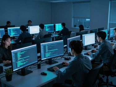Wide environmental shot of software developers collaborating in a low-key midnight blue tech lab, glowing electric cyan screens displaying code, 35mm