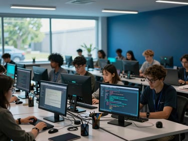 Wide environmental shot of a community digital literacy workshop with diverse participants coding under natural daylight and cyan ambient light