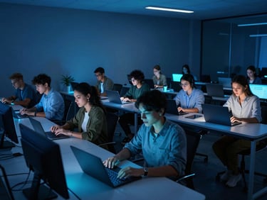 Wide environmental shot of a modern tech classroom, diverse adult students collaborating over glowing laptops, low-key ambient blue light, electric cyan highlights, 35mm