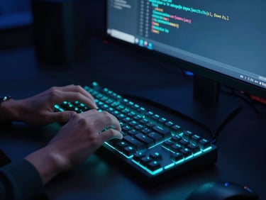 A close-up of a student's hands typing clean code on a mechanical keyboard, illuminated by the electric cyan glow of a monitor in a dark room.