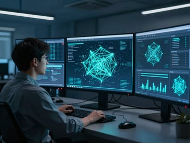 A cybersecurity analyst monitoring threat dashboards with glowing cyan network maps in a modern US operations center, wide shot, 35mm
