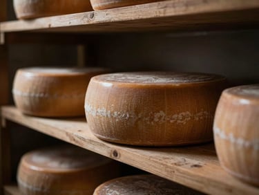 Close-up of artisanal cheese wheels on wooden shelves in a dark aging cellar, soft side-light highlighting textures