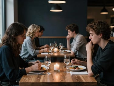 Moody portrait of a modern bistro dining room filled with guests, warm candlelight, soft focus, Scandinavian aesthetic