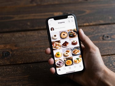 A hand holding a smartphone displaying a beautifully curated Instagram feed of artisanal food, rustic wooden background