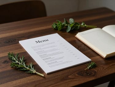 A minimalist wooden table with a seasonal menu draft, fresh herbs, and a notebook, moody side-light