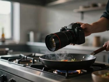 Close-up of a professional camera filming a sizzling pan in a modern restaurant kitchen, soft natural light