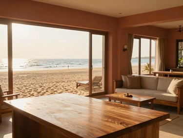 A spacious family suite with warm terracotta accents, clean wooden furniture, and large windows framing the golden sands of Puri.