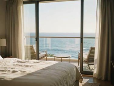 Sun-drenched deluxe room interior with a private balcony overlooking the blue ocean, warm morning light, soft linen sheets, 35mm.