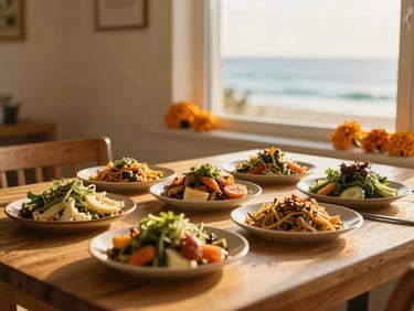 Fresh vegetarian dining spread on a wooden table, warm golden-hour light filtering through a window, marigold decorations.