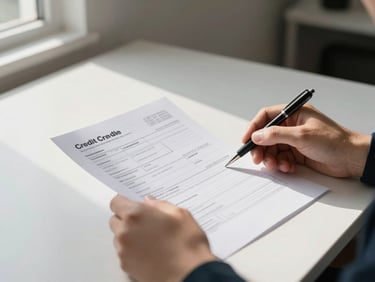 Close-up of hands holding a printed credit report on a white desk, pen resting beside it, natural window light from the left casting soft shadows, clean minimal background