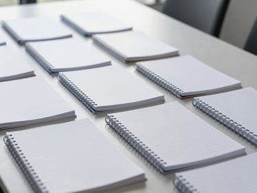 Organized rows of school notebooks and writing materials, bright natural daylight, clean educational supply setup