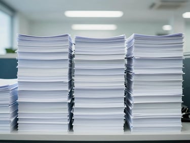 Neatly stacked reams of white paper and office supplies in a modern corporate supply room, high-key bright lighting