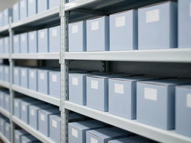 Structured warehouse shelves with neatly arranged bulk stationery boxes, professional logistics setting, cool blue tones