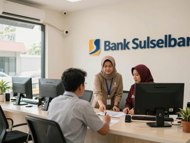 A clean, modern Bank Sulselbar branch interior in South Sulawesi with professional staff assisting a customer, warm daylight