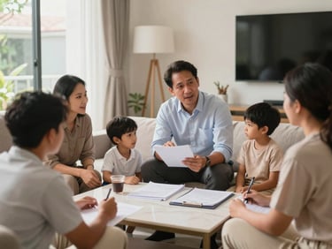 A modern Indonesian family discussing future plans in a warm, bright living room, natural daylight, professional photography