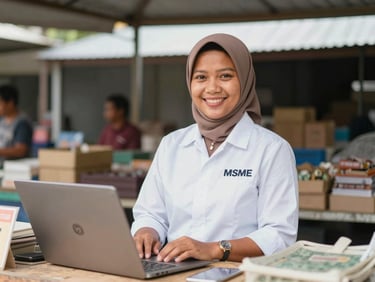 A warm professional portrait of an Indonesian local MSME market vendor smiling in her clean stall, bright natural daylight, 35mm lens