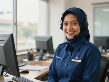 A warm professional portrait of Indonesian bank customer service officer smiling in a bright modern office, deep blue uniform, warm daylight, 35mm lens