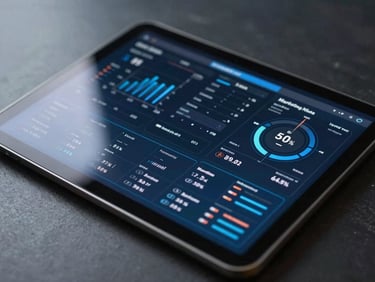 Macro shot of a high-resolution tablet screen displaying real-time marketing telemetry and conversion data, cool blue highlights, dark metallic background