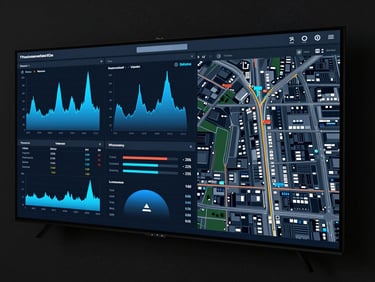 Wide panoramic screen showing a real-time performance dashboard with electric blue graphs, conversion telemetry, and a digital map of urban fleet distribution, high-contrast dark interface.