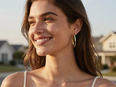 Minimalist gold hoop earrings on a smiling woman, soft morning sunlight, upscale suburban background