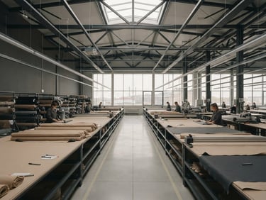 Symmetric architectural view of a clean, modern garment factory cutting room, soft diffused daylight, muted charcoal and warm beige tones, sharp focus, 35mm lens.
