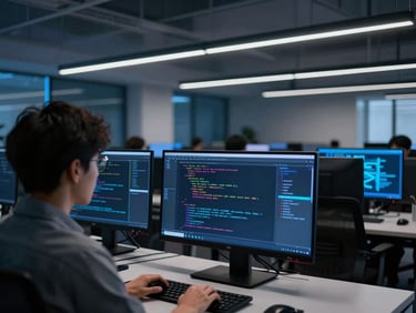 Over-the-shoulder perspective of screens with clean code and data visualizations, cool low-key ambient office light mixed with sharp electric blue accents