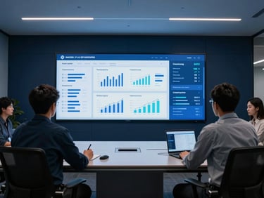 Sleek corporate technology photography, cool ambient office lighting, over-the-shoulder perspective of engineers in a deep navy strategy room analyzing clean data visualizations on a large display.