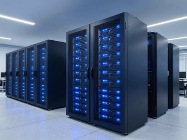 Sleek corporate technology photography, wide-angle architectural lens showing a high-end server environment with glowing electric blue server racks in a deep navy workspace.