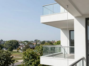 Sleek stainless steel tension cables on a bright, sunlit modern apartment balcony overlooking green trees under a clear sky, architectural photography