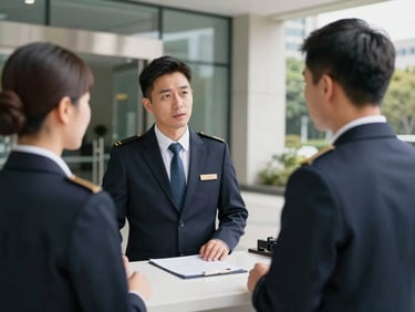 A professional supervisor in a neat uniform inspecting a clean, modern building entrance, talking to a concierge desk staff member under bright daylight.