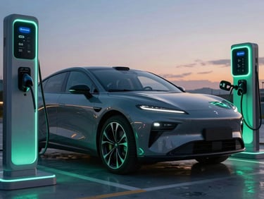 Sleek metallic grey electric sports sedan charging at a futuristic station under dramatic twilight neon lighting, sharp details, 35mm
