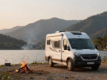 Wide environmental shot of a modern camper van parked at a scenic lakeside campsite during golden hour, campfire smoke rising gently, mountains in background.