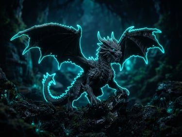 Macro close-up of an intricate 3D printed dragon miniature, low-key dramatic backlighting with glowing neon-cyan rim light, dark mystical atmosphere, 35mm