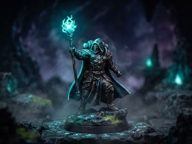Macro close-up of a 3D printed tabletop miniature of an armored wizard, glowing cyan rim light, dark atmospheric background, smoke mist, 35mm