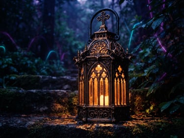 Low-angle heroic shot of a 3D printed gothic lantern with intricate filigree, warm amber glow, dark twilight background, 35mm