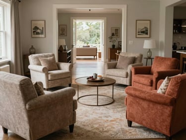 A cozy, well-lit living room with comfortable armchairs arranged in a circle, soft terracotta accents, and a wide zero-step entryway visible in the background.