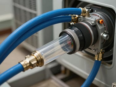 A powerful negative-pressure vacuum unit connected to a residential HVAC system, heavy-duty blue hoses sealed tightly to prevent dust escape
