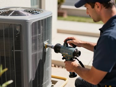 Bright Southern California daylight, a professional technician in a clean uniform operating heavy-duty vacuum equipment connected to a residential HVAC system, high-contrast, sharp utility focus.