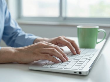 Close-up of hands typing on a modern keyboard next to a ceramic coffee mug, illuminated by soft window light, clean and professional.