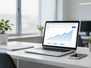 A bright, clean workspace with natural cool-toned daylight, featuring a laptop displaying an organic search traffic dashboard with upward trends.