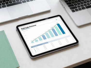 An editorial flat-lay of a modern desk with a tablet displaying a paid ads performance chart showing positive ROI metrics under natural daylight.