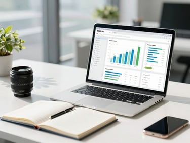 A bright modern workspace with natural daylight, a clean UI dashboard showing growth metrics on a laptop screen, and a strategy notebook, 35mm lens.