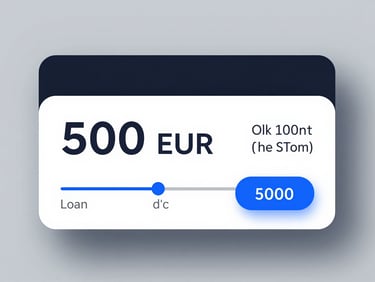 Minimalistic digital user interface mockup of a loan slider showing 500 EUR and a clear monthly installment indicator, clean vector style, blue accent colors.