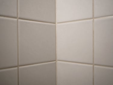 Crisp close-up shot of a newly tiled bathroom shower wall, showing perfect mitered joints and clean grout lines under bright natural light.